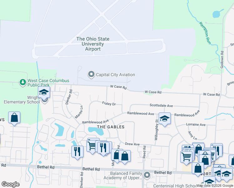 map of restaurants, bars, coffee shops, grocery stores, and more near 5680 Fraley Court in Columbus