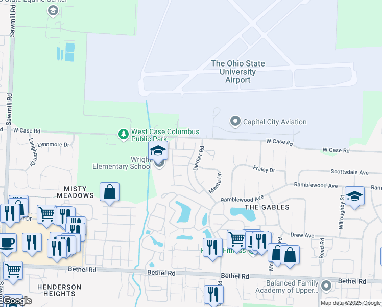 map of restaurants, bars, coffee shops, grocery stores, and more near 2216 Sandman Drive in Columbus