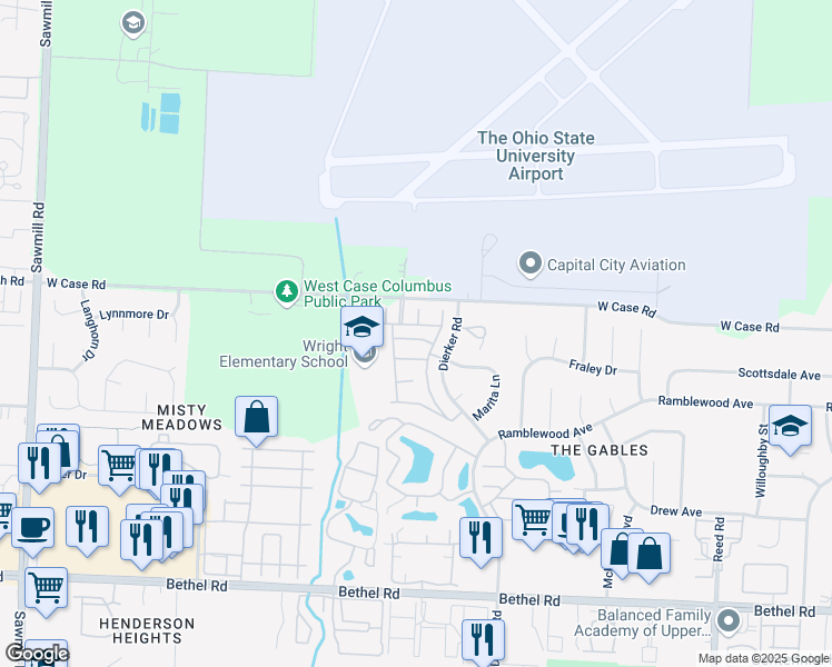 map of restaurants, bars, coffee shops, grocery stores, and more near 2216 Sandman Drive in Columbus