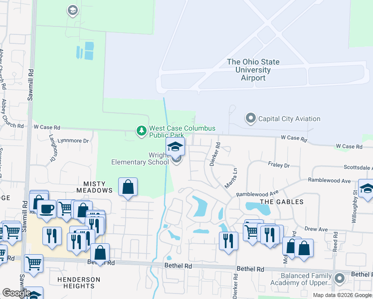 map of restaurants, bars, coffee shops, grocery stores, and more near 2311 Sandman Drive in Columbus