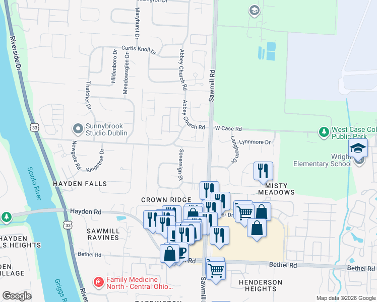 map of restaurants, bars, coffee shops, grocery stores, and more near 2914 West Case Road in Columbus