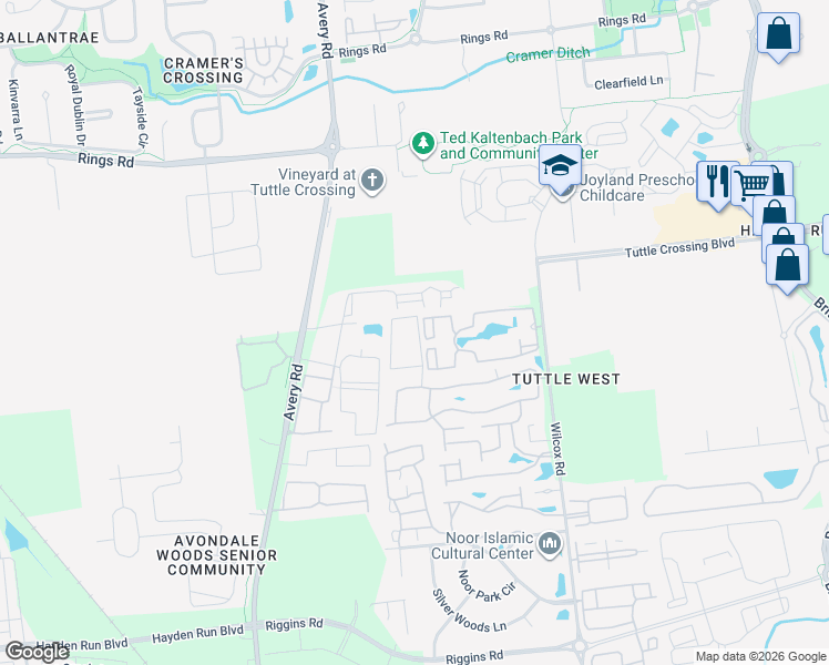 map of restaurants, bars, coffee shops, grocery stores, and more near 5341 Davenport Lane in Dublin