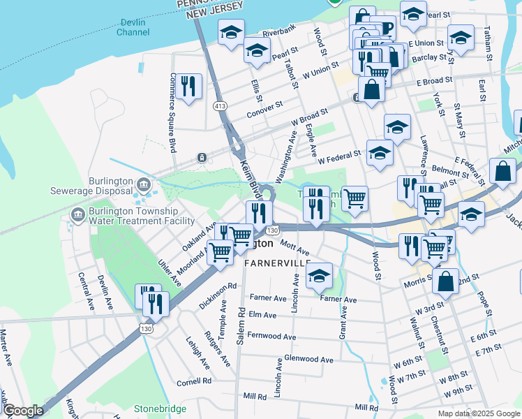 map of restaurants, bars, coffee shops, grocery stores, and more near 584 Washington Avenue in Burlington