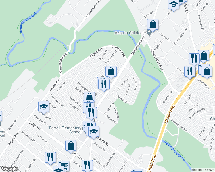 map of restaurants, bars, coffee shops, grocery stores, and more near 1841 Evarts Street in Philadelphia