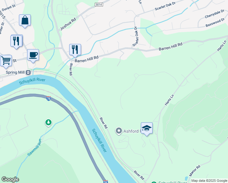 map of restaurants, bars, coffee shops, grocery stores, and more near 611 Harts Ridge Road in Conshohocken