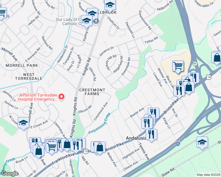 map of restaurants, bars, coffee shops, grocery stores, and more near 147 Dimarco Drive in Philadelphia