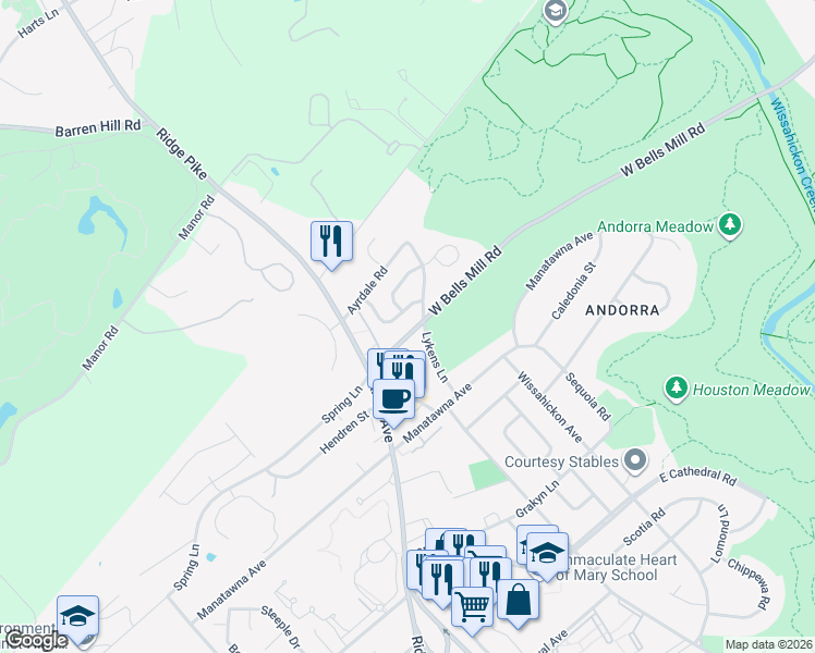 map of restaurants, bars, coffee shops, grocery stores, and more near 847 Green Valley Drive in Philadelphia