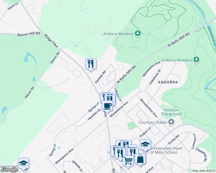 map of restaurants, bars, coffee shops, grocery stores, and more near 837 Green Valley Dr in Philadelphia