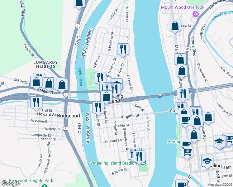 map of restaurants, bars, coffee shops, grocery stores, and more near 91 Zane Street in Wheeling