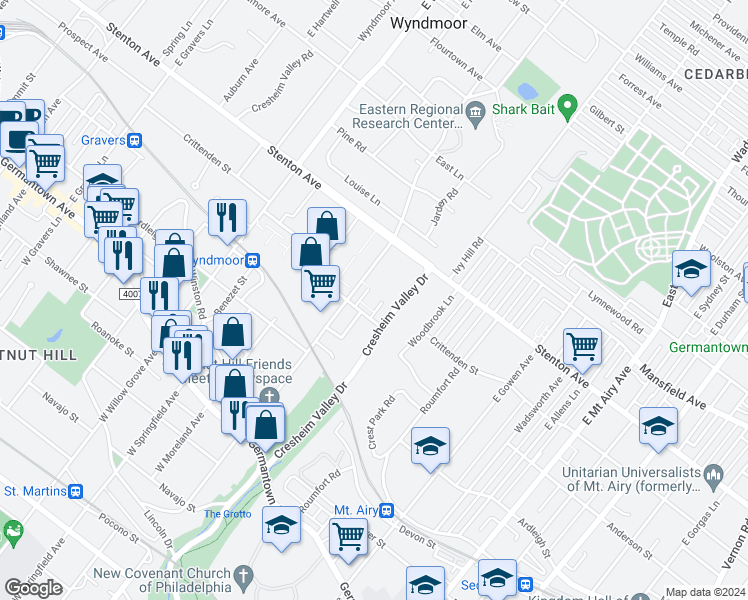 map of restaurants, bars, coffee shops, grocery stores, and more near 7601 Crittenden Street in Philadelphia