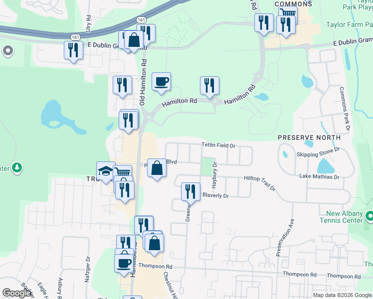 map of restaurants, bars, coffee shops, grocery stores, and more near 5979 Tetlin Field Drive in New Albany