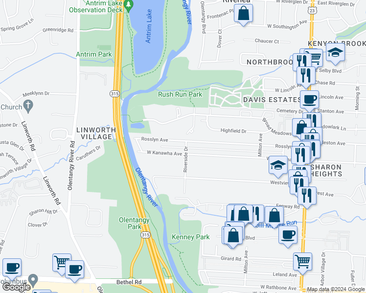 map of restaurants, bars, coffee shops, grocery stores, and more near 401 Rosslyn Avenue in Columbus