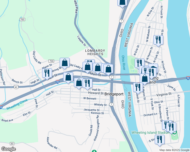 map of restaurants, bars, coffee shops, grocery stores, and more near 325 Main Street in Bridgeport