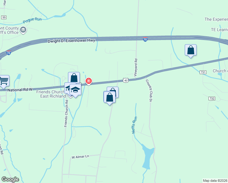 map of restaurants, bars, coffee shops, grocery stores, and more near 67960 Mills Road in Saint Clairsville