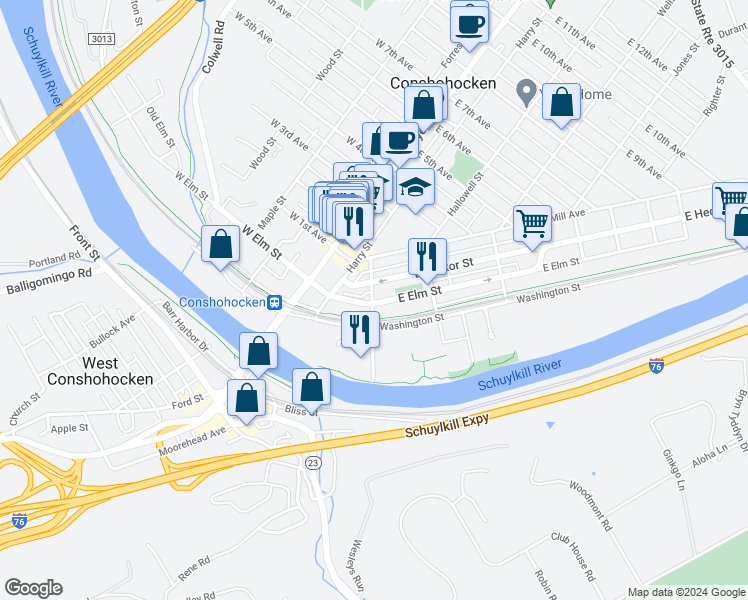 map of restaurants, bars, coffee shops, grocery stores, and more near 202 East Elm Street in Conshohocken