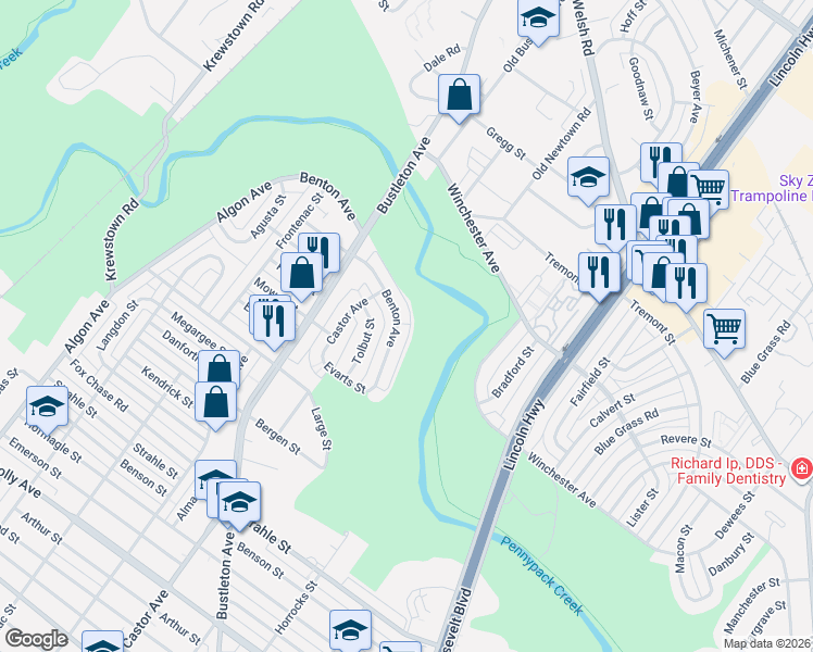 map of restaurants, bars, coffee shops, grocery stores, and more near 8578 Benton Avenue in Philadelphia