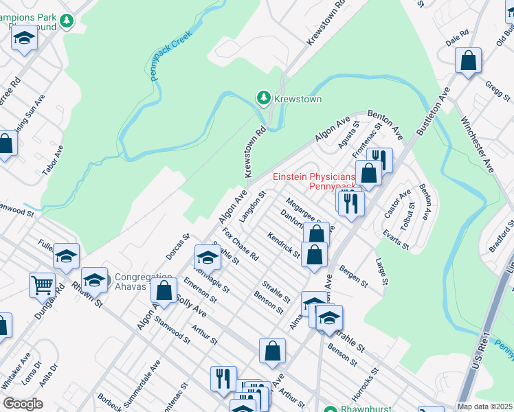 map of restaurants, bars, coffee shops, grocery stores, and more near 8373 Langdon Street in Philadelphia