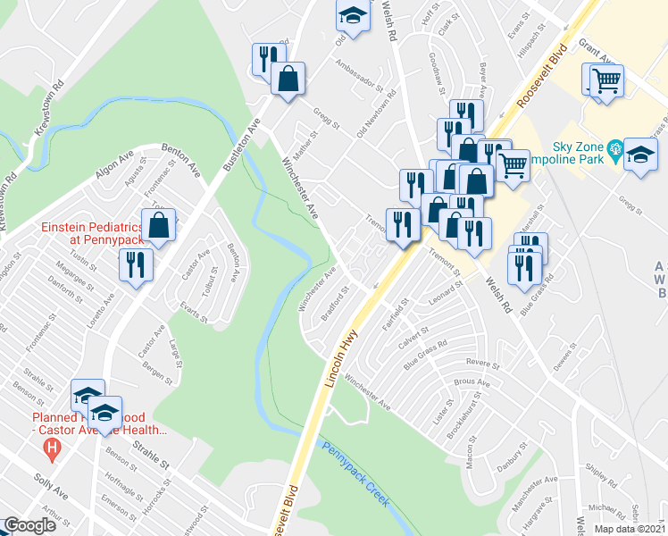 map of restaurants, bars, coffee shops, grocery stores, and more near Winchester Avenue in Philadelphia