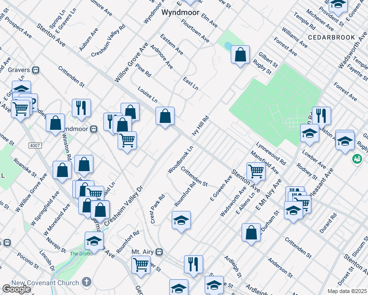map of restaurants, bars, coffee shops, grocery stores, and more near 509 Woodbrook Lane in Philadelphia