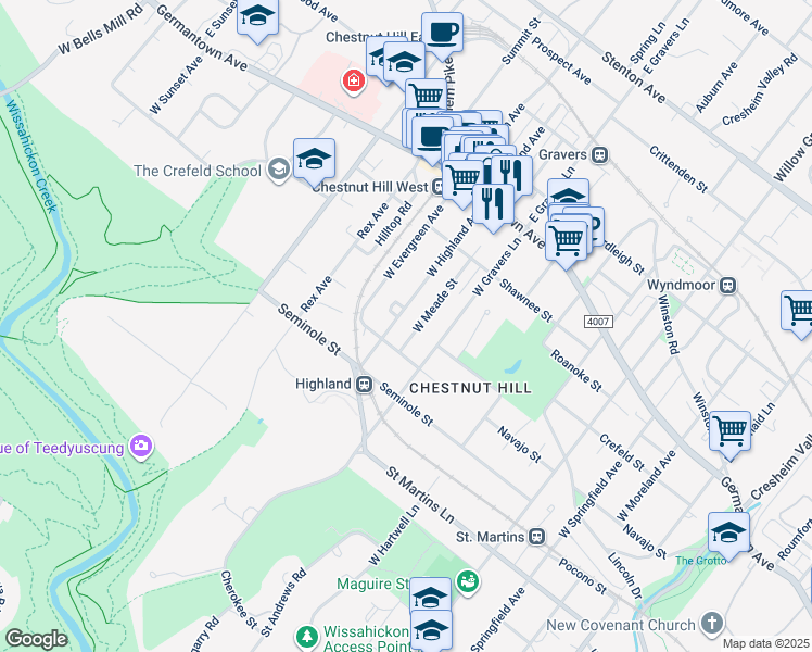 map of restaurants, bars, coffee shops, grocery stores, and more near 228 West Highland Avenue in Philadelphia