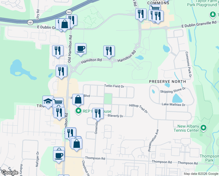 map of restaurants, bars, coffee shops, grocery stores, and more near 6034 Tetlin Field Drive in New Albany