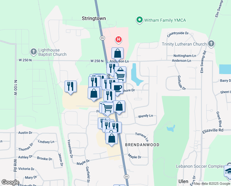 map of restaurants, bars, coffee shops, grocery stores, and more near 2445 North Lebanon Street in Lebanon