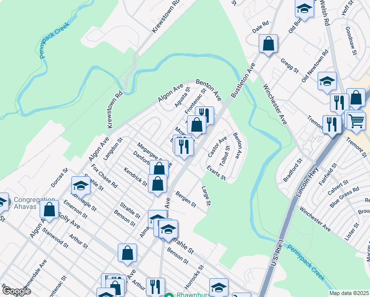 map of restaurants, bars, coffee shops, grocery stores, and more near 1821 Evarts Street in Philadelphia