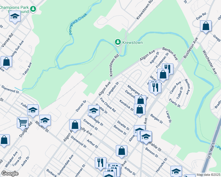 map of restaurants, bars, coffee shops, grocery stores, and more near 8388 Langdon Street in Philadelphia