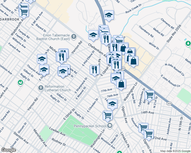 map of restaurants, bars, coffee shops, grocery stores, and more near 7824 Provident Road in Philadelphia