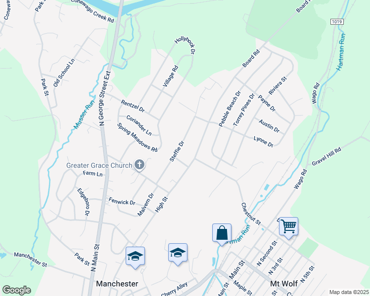 map of restaurants, bars, coffee shops, grocery stores, and more near 105 Steffie Drive in Mount Wolf