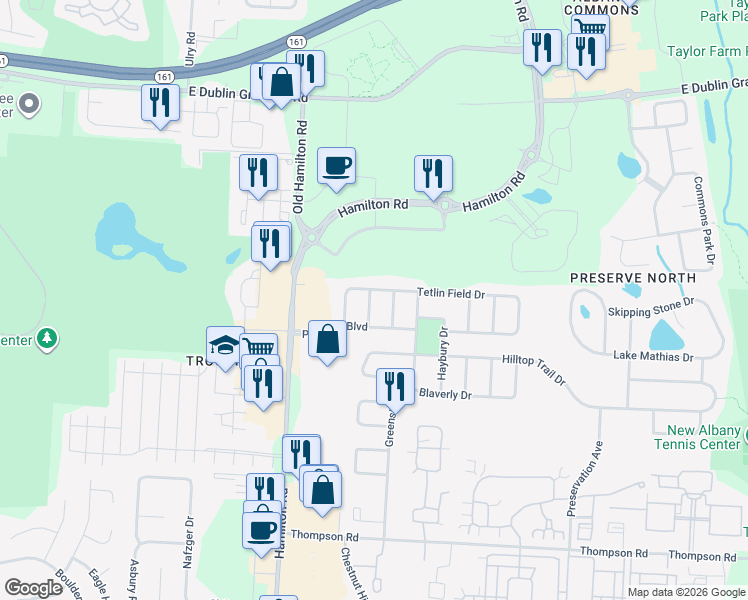 map of restaurants, bars, coffee shops, grocery stores, and more near 5979 Tetlin Field Drive in New Albany