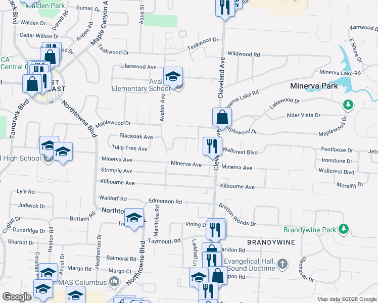map of restaurants, bars, coffee shops, grocery stores, and more near 5054 Rolling Rock Court in Columbus