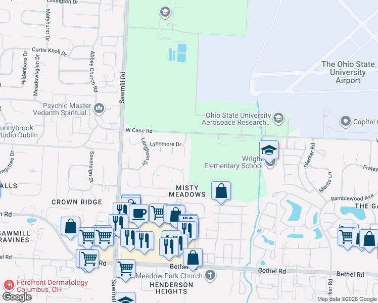 map of restaurants, bars, coffee shops, grocery stores, and more near 5722 Brinkley Court in Columbus