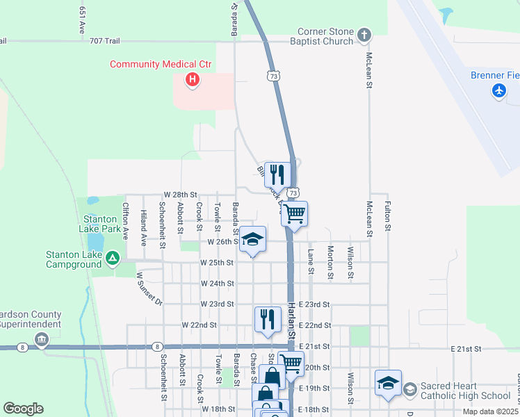 map of restaurants, bars, coffee shops, grocery stores, and more near 2624 Chase Street in Falls City