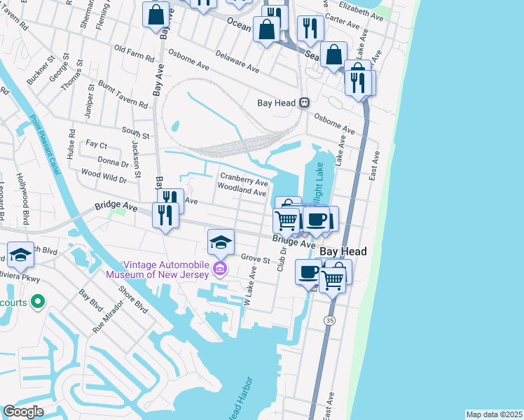 map of restaurants, bars, coffee shops, grocery stores, and more near 12 Maple Drive in Toms River