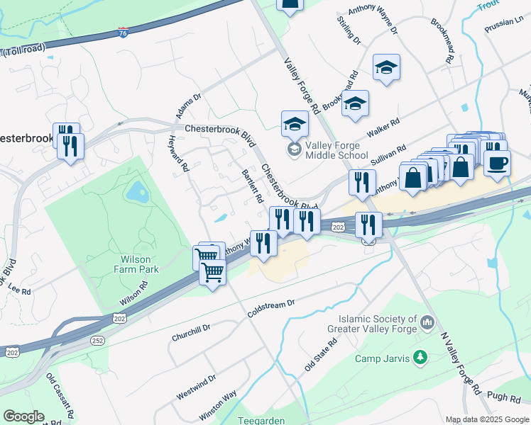map of restaurants, bars, coffee shops, grocery stores, and more near 203 Danor Court in Chesterbrook