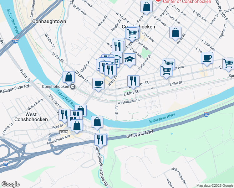 map of restaurants, bars, coffee shops, grocery stores, and more near 203 East Hector Street in Conshohocken