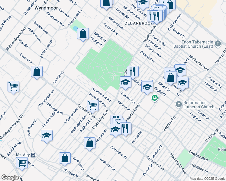 map of restaurants, bars, coffee shops, grocery stores, and more near 1051 Easton Road in Philadelphia