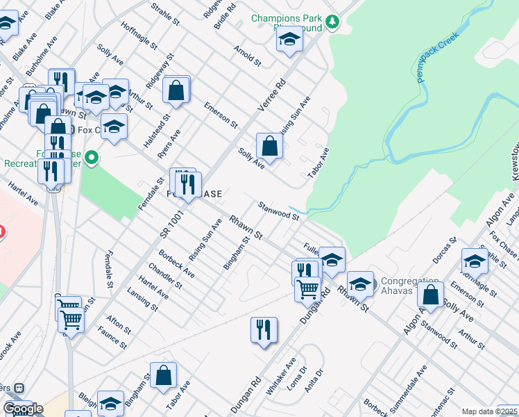 map of restaurants, bars, coffee shops, grocery stores, and more near 1046 Stanwood Street in Philadelphia