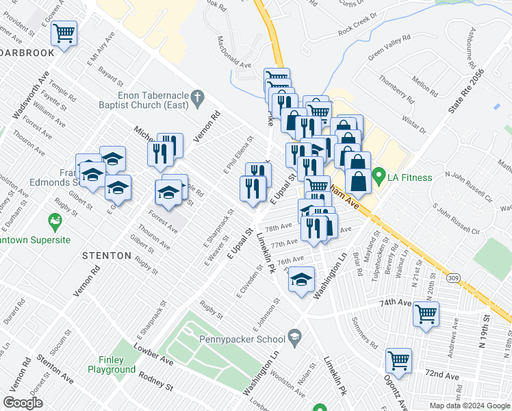 map of restaurants, bars, coffee shops, grocery stores, and more near 7812 Limekiln Pike in Philadelphia