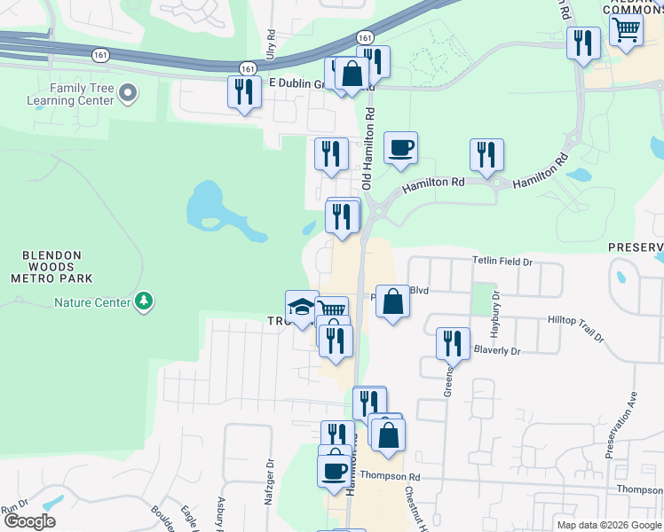 map of restaurants, bars, coffee shops, grocery stores, and more near 4379 Rexwood Drive in Columbus
