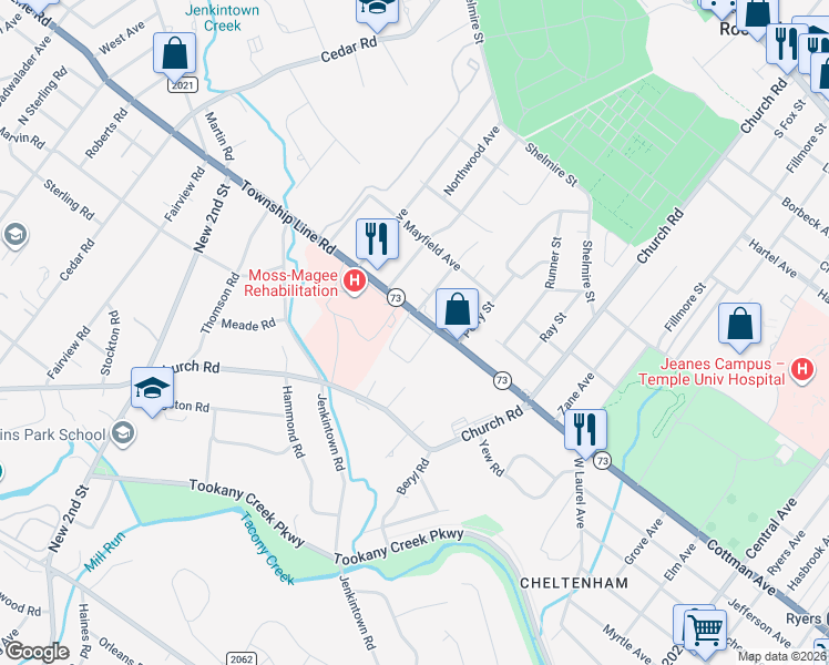 map of restaurants, bars, coffee shops, grocery stores, and more near 46 Township Line Road in Elkins Park