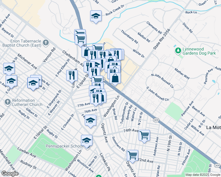 map of restaurants, bars, coffee shops, grocery stores, and more near 2326 West Cheltenham Avenue in Philadelphia