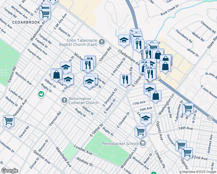 map of restaurants, bars, coffee shops, grocery stores, and more near 7836 Temple Road in Philadelphia