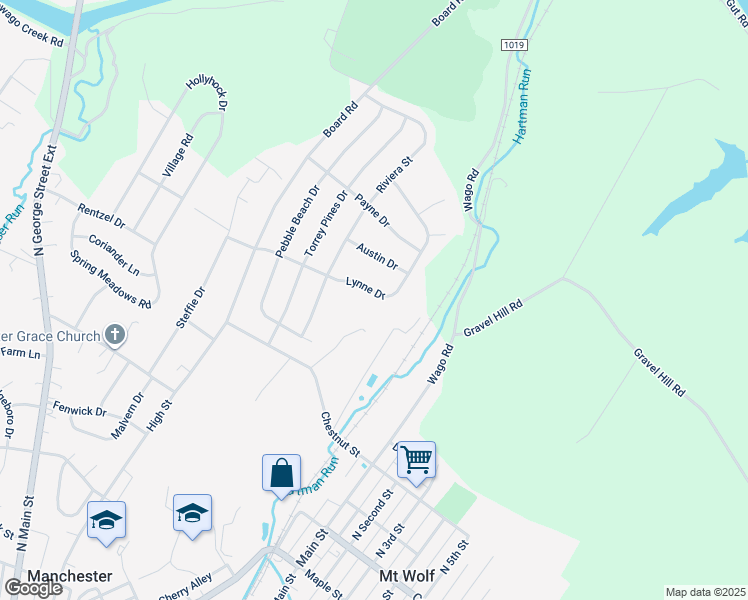 map of restaurants, bars, coffee shops, grocery stores, and more near 340 Lynne Drive in Mount Wolf