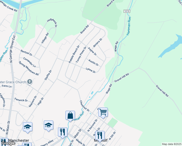 map of restaurants, bars, coffee shops, grocery stores, and more near 340 Lynne Drive in Mount Wolf