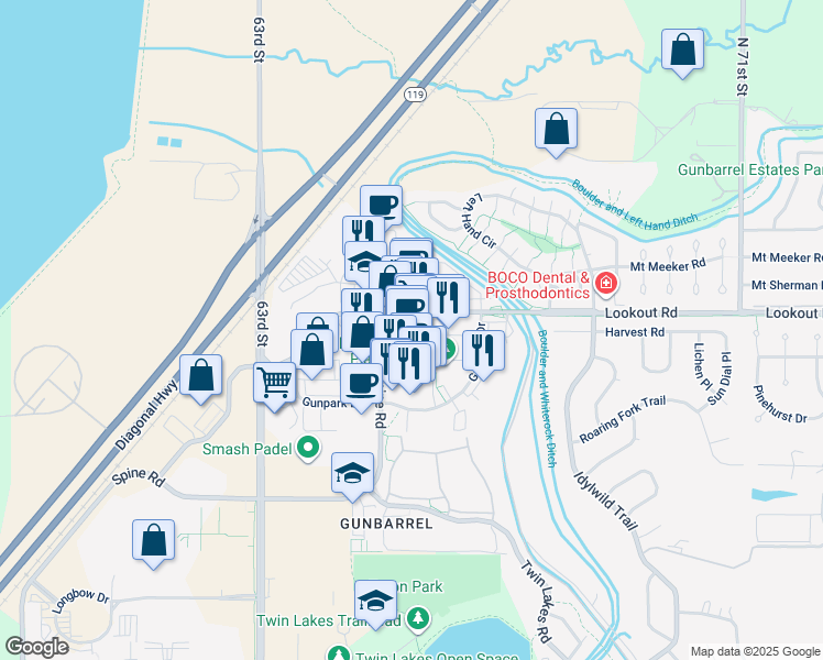 map of restaurants, bars, coffee shops, grocery stores, and more near 6558 Lookout Road in Boulder