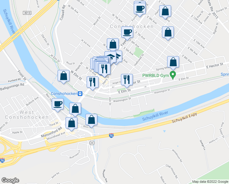 map of restaurants, bars, coffee shops, grocery stores, and more near 218 East Elm Street in Conshohocken