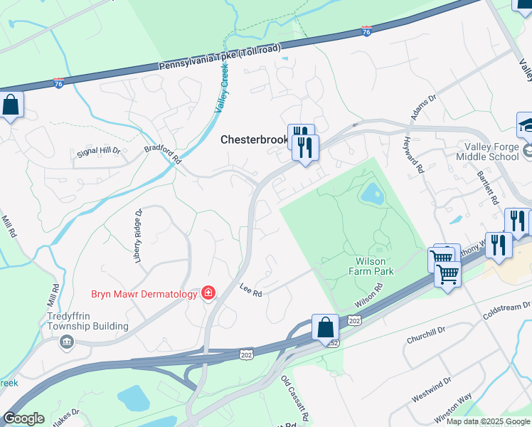 map of restaurants, bars, coffee shops, grocery stores, and more near 409 Cheswold Court in Chesterbrook