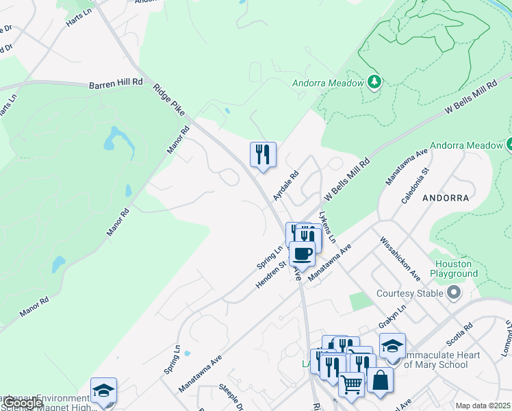 map of restaurants, bars, coffee shops, grocery stores, and more near 9127 Ayrdale Crescent in Philadelphia